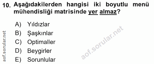 10. soru: Aşağıdakilerden hangisi iki boyutlu menü mühendisliği matrisinde yer almaz? A) Yıldızlar B) Şaşkınlar C) Optimaller D…