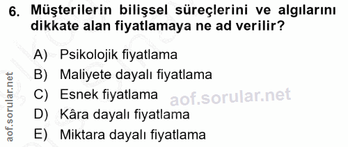 6. soru: Müşterilerin bilişsel süreçlerini ve algılarını dikkate alan fiyatlamaya ne ad verilir? A) Psikolojik fiyatlama B) Ma…