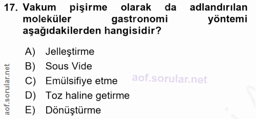 17. soru: Vakum pişirme olarak da adlandırılan moleküler astronomi yöntemi aşağıdakilerden hangisidir? A) Jelleştirme B) Sous V…