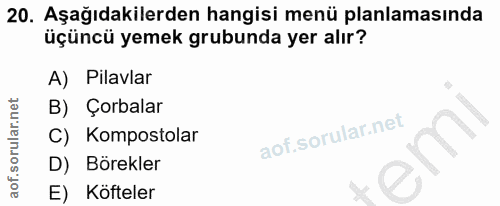 20. soru: Aşağıdakilerden hangisi menü planlamasında üçüncü yemek grubunda yer alır? A) Pilavlar B) Çorbalar Kompostolar D) Bör…