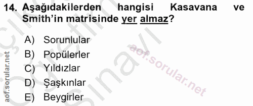 14. soru: Aşağıdakilerden hangisi Kasavana ve Smith'in matrisinde yer almaz? A) Sorunlular B) Popülerler C) Yıldızlar D) Şaşkın…