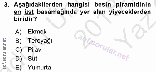 3. soru: Aşağıdakilerden hangisi besin piramidinin en üst basamağında yer alan yiyeceklerden biridir? A) Ekmek B) Tereyağı C)…
