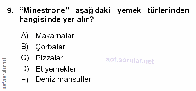 9. soru: "Minestrone" aşağıdaki yemek türlerinden hangisinde yer alır? A) Makarnalar B) Çorbalar C) Pizzalar D) Et yemekleri E…