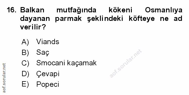 16. soru: Balkan mutfağında kokeni Osmanlıya dayanan parmak şeklindeki köfteye ne ad verilir? A) Viands B) Saç isorular.ne C) S…