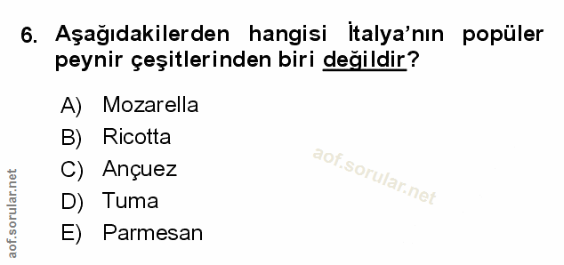 6. soru: Aşağıdakilerden hangisi İtalya'nın popüler peynir çeşitlerinden biri değildir? A) Mozarella B) Ricotta C) Ançuez D) T…