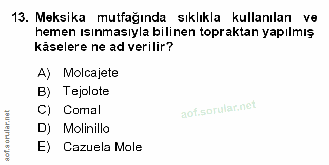 13. soru: Meksika mutfağında sıklıkla kullanılan ve hemen ısınmasıyla bilinen topraktan yapılmış kâselere ne ad verilir? A) Mol…