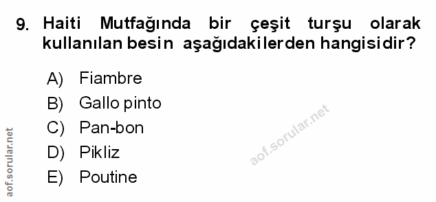 9. soru: Haiti Mutfağında bir çeşit turşu olarak kullanılan besin aşağıdakilerden hangisidir? A) Fiambre B) Gallo pinto C) Pan…