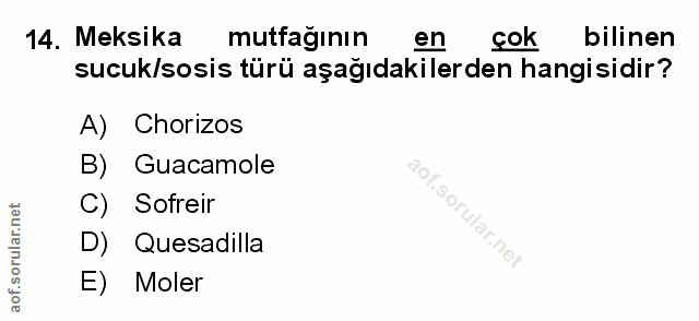 14. soru: Meksika mutfağının en çok bilinen sucuk/sosis türü aşağıdakilerden hangisidir? A) Chorizos B) Guacamole C) Sofreir D)…
