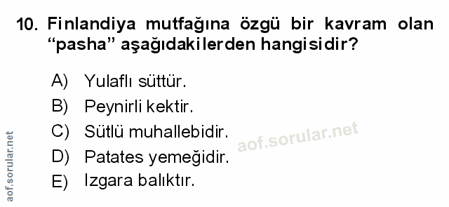 10. soru: Finlandiya mutfağına özgü bir kavram olan "pasha" aşağıdakilerden hangisidir? A) Yulaflı süttür. B) Peynirli kektir.…