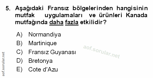 5. soru: Aşağıdaki Fransız bölgelerinden hangisinin mutfak uygulamaları ve ürünleri Kanada mutfağında daha fazla etkilidir? A)…