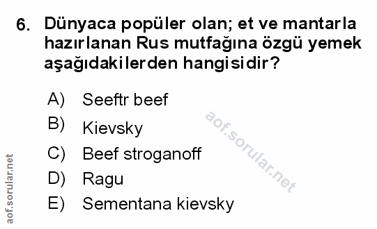 6. soru: Dünyaca popüler olan; et ve mantarla hazırlanan Rus mutfagına özgü yemek aşağıdakilerden hangisidir? A) Seeftr beef B…