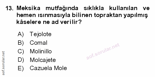 13. soru: Meksika mutfağında sıklıkla kullanılan ve hemen ısınmasıyla bilinen topraktan yapılmış kâselere ne ad verilir? A) Tej…