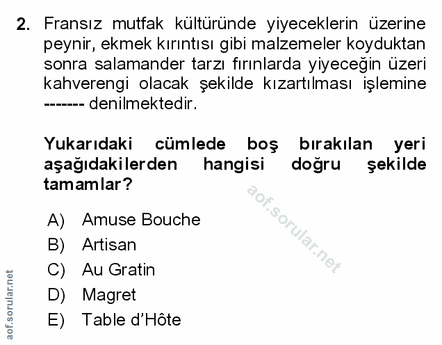 2. soru: Fransız mutfak kültüründe yiyeceklerin üzerine peynir, ekmek kırıntısı gibi malzemeler koyduktan sonra salamander tar…