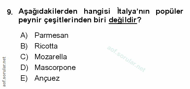 9. soru: Aşağıdakilerden hangisi italya'nın popüler peynir çeşitlerinden biri değildir? A) Parmesan B) Ricotta C) Mozarella D)…