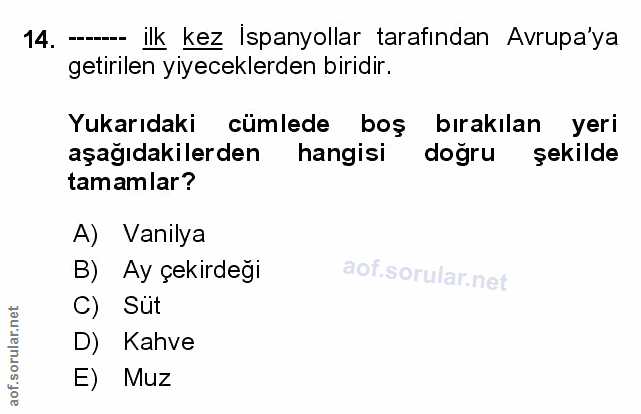 14. soru: ilk kez İspanyollar tarafından Avrupa'ya getirilen yiyeceklerden biridir. Yukarıdaki cümlede boş bırakılan yeri aşağı…