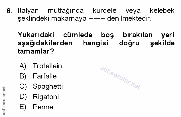 6. soru: Italyan mutfağında kurdele veya kelebek şeklindeki makarnaya ---- denilmektedir. Yukarıdaki cümlede boş bırakılan yer…