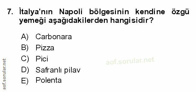 7. soru: İtalya'nın Napoli bölgesinin kendine özgü yemeği aşağıdakilerden hangisidir? A) Carbonara B) Pizza C) Pici D) Safranl…