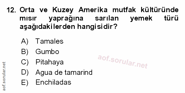 12. soru: Orta ve Kuzey Amerika mutfak kültüründe misır yaprağına sarılan yemek türü aşağıdakilerden hangisidir? A) Tamales B)…