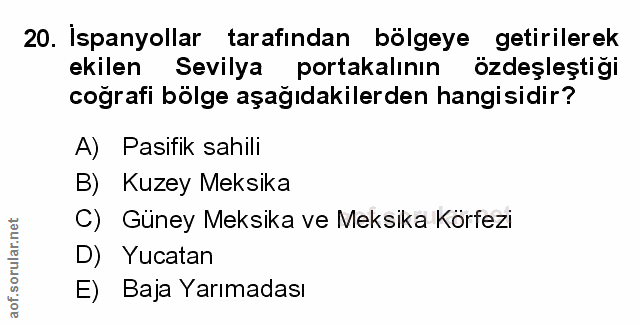 20. soru: İspanyollar tarafından bölgeye getirilerek ekilen Sevilya portakalının özdeşleştiği cografi bölge aşağıdakilerden han…