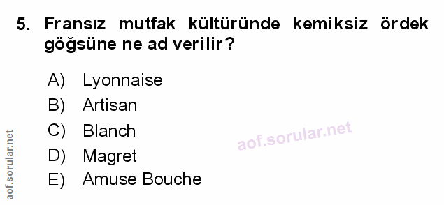 5. soru: Fransız mutfak kültüründe kemiksiz ördek göğsüne ne ad verilir? A) Lyonnaise B) Artisan C) Blanch aof.so Ilar.net D)…