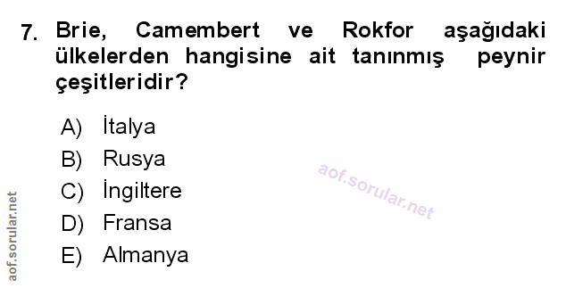7. soru: Brie, Camembert ve Rokfor aşağıdaki ülkelerden hangisine ait tanınmış peynir çeşitleridir? A) Italya B) Rusya C) Ingi…