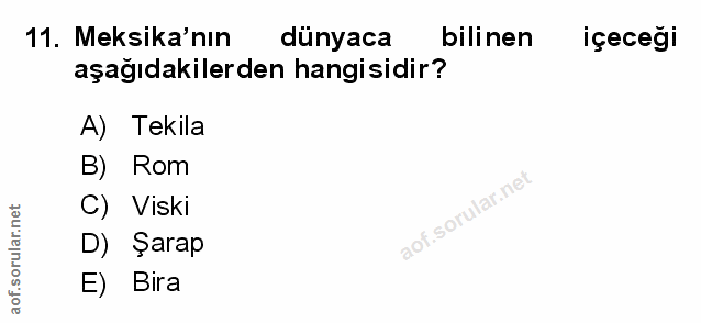 11. soru: Meksika'nın dünyaca bilinen içeceği aşağıdakilerden hangisidir? A) Tekila B) Rom C) Viski D) Şarap E) Bira