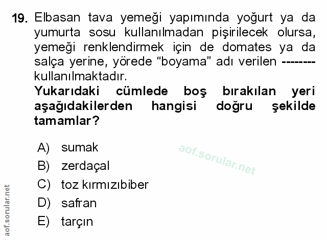 19. soru: Elbasan tava yemeği yapımında yoğurt ya da yumurta sosu kullanılmadan pişirilecek olursa, yemeği renklendirmek için d…