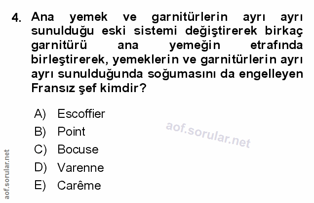 4. soru: Ana yemek ve garnitürlerin ayrı ayrı sunulduğu eski sistemi değiştirerek birkaç garnitürü ana yemeğin etrafinda birle…