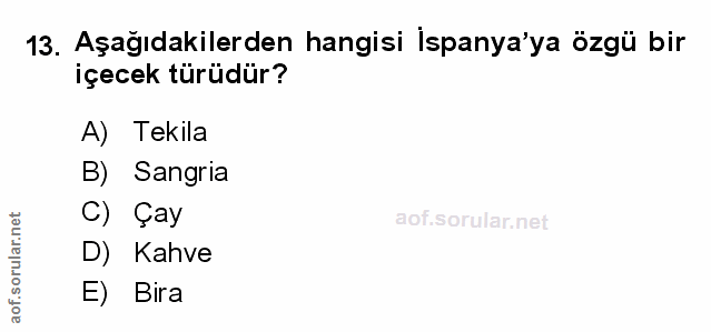 13. soru: Aşağıdakilerden hangisi İspanya'ya özgü bir içecek türüdür? A) Tekila B) Sangria C) Çay D) Kahve E) Bira