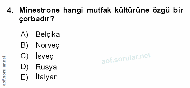 4. soru: Minestrone hangi mutfak kültürüne özgü bir çorbadır? A) Belçika B) Norveç C) Isveç D) Rusya E) italyan