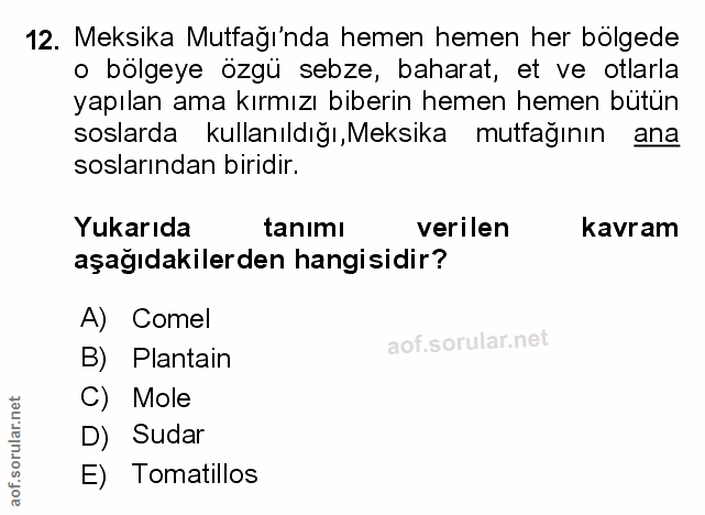 12. soru: Meksika Mutfağı'nda hemen hemen her bölgede • bölgeye özgü sebze, baharat, et ve otlarla yapılan ama kırmızı biberin…