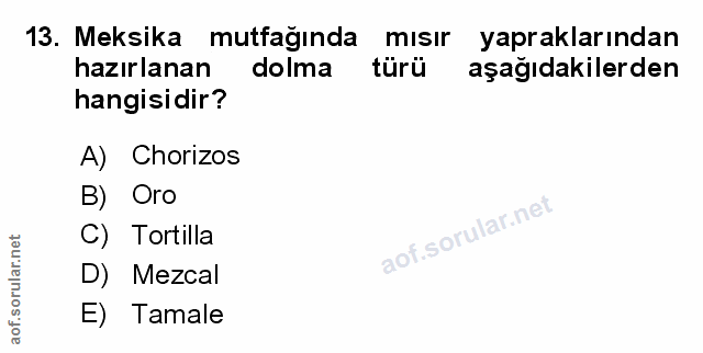 13. soru: Meksika mutfağında mısır yapraklarından hazırlanan dolma türü aşağıdakilerden hangisidir? A) Chorizos B) Oro C) Torti…