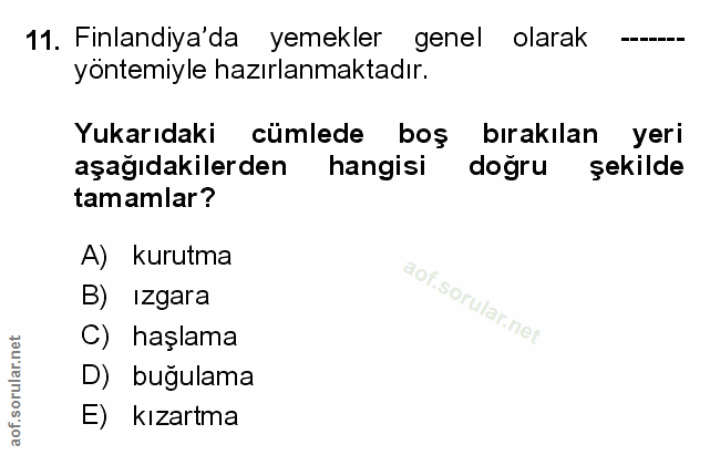 11. soru: Finlandiya'da yemekler genel olarak yontemiyle hazırlanmaktadır. Yukarıdaki cümlede boş bırakılan yeri aşağıdakilerde…