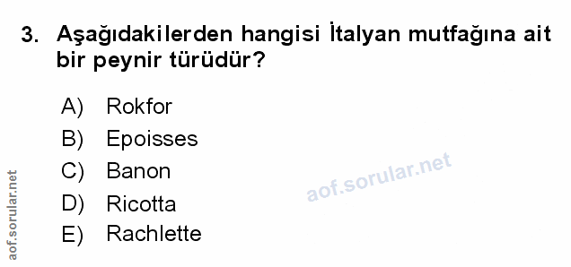 3. soru: Aşağıdakilerden hangisi İtalyan mutfağına ait bir peynir türüdür? A) Rokfor B) Epoisses C) Banon D) Ricotta E) Rachlette