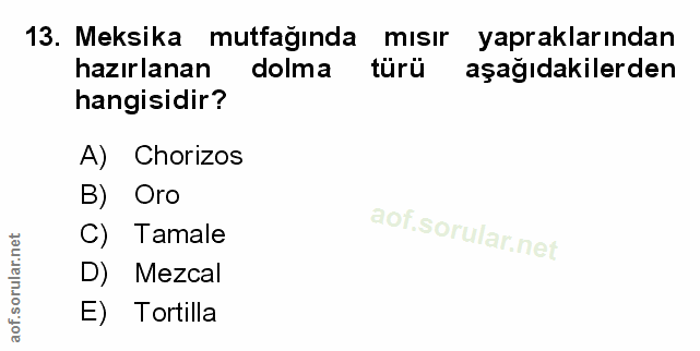 13. soru: Meksika mutfağında mısır yapraklarından hazırlanan dolma türü aşağıdakilerden hangisidir? A) Chorizos B) Oro C) Tamal…