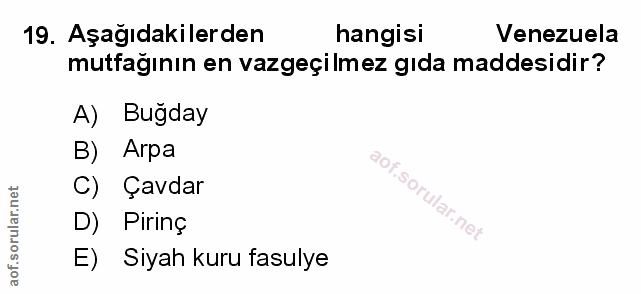 19. soru: Aşağıdakilerden hangisi Venezuela mutfağının en vazgeçilmez gıda maddesidir? A) Bugday B) Arpa C) Çavdar D) Pirinç E)…