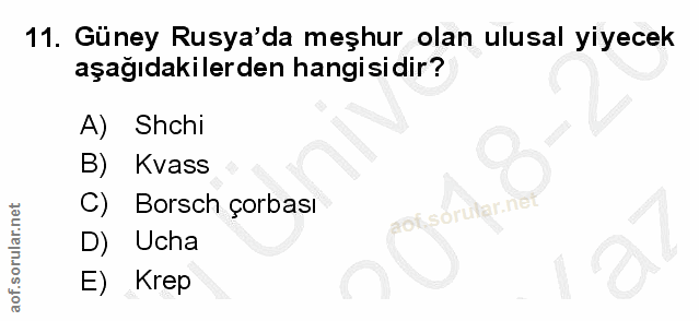 11. soru: Güney Rusya'da meşhur olan ulusal yiyecek aşağıdakilerden hangisidir? A) Shchi B) Kvass Borsch çorbası rular.ne D) Uc…
