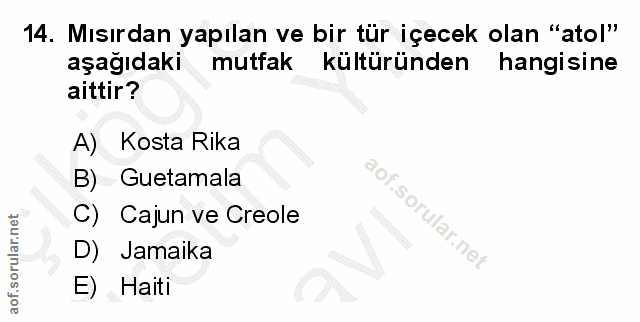 14. soru: Mısırdan yapılan ve bir tür içecek olan "atol" aşağıdaki mutfak kültüründen hangisine aittir? A) Kosta Rika B) Guetam…
