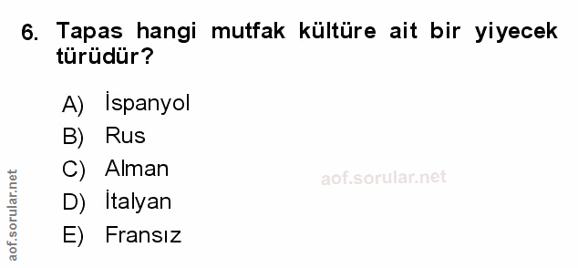 6. soru: Tapas hangi mutfak kültüre ait bir yiyecek türüdür? A) Ispanyol B) Rus C) Alman D) Italyan E) Fransız