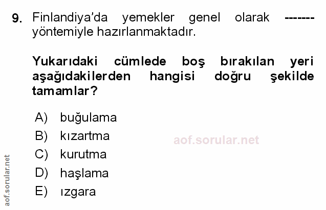 9. soru: Finlandiya'da yemekler genel olarak - yöntemiyle hazırlanmaktadır. Yukarıdaki cümlede boş bırakılan yeri aşağıdakiler…