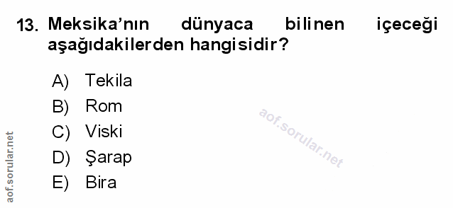 13. soru: Meksika'nın dünyaca bilinen içeceği aşağıdakilerden hangisidir? A) Tekila B) Rom C) Viski D) Şarap E) Bira
