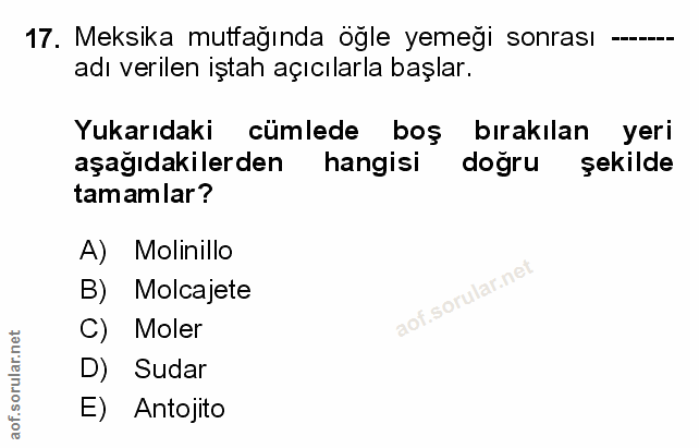 17. soru: Meksika mutfağında öğle yemeği sonrası —- adı verilen iştah açıcılarla başlar. Yukarıdaki cümlede boş bırakılan yeri…