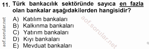 11. soru: Türk bankacılık sektöründe sayıca en fazla olan bankalar aşağıdakilerden hangisidir? A) Katılım bankaları B) Kalkınma…