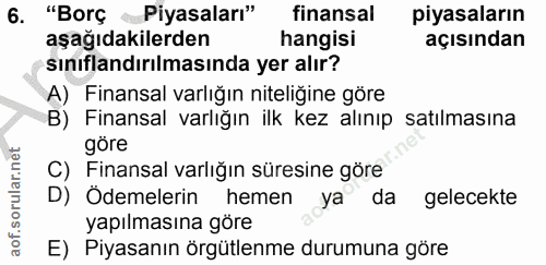 6. soru: "Borç Piyasaları" finansal piyasaların aşağıdakilerden hangisi açısından sınıflandırılmasında yer alır? A) Finansal v…
