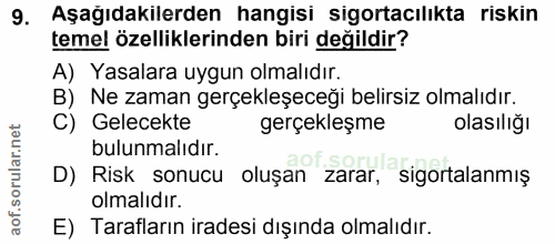 9. soru: Aşağıdakilerden hangisi sigortacılıkta riskin temel özelliklerinden biri değildir? A) Yasalara uygun olmalıdır. B) Ne…