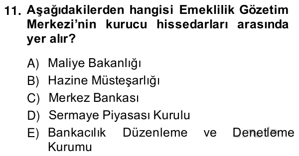 11. soru: Aşağıdakilerden hangisi Emeklilik Gözetim Merkezi'nin kurucu hissedarları arasında yer alır? A) Maliye Bakanlığı B) H…