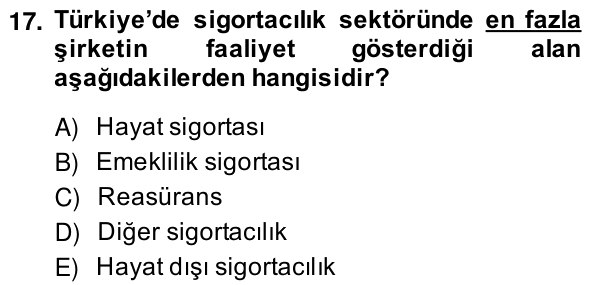 17. soru: Türkiye'de sigortacılık sektöründe en fazla şirketin faaliyet gösterdiği alan aşağıdakilerden hangisidir? A) Hayat si…