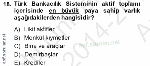 18. soru: Türk Bankacılık Sisteminin aktif toplamı içerisinde en büyük paya sahip varlık aşağıdakilerden hangisidir? A) Likit a…
