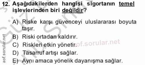 12. soru: Aşağıdakilerden hangisi sigortanın temel işlevlerinden biri değildir? A) Riske karşı güvenceyi uluslararası boyuta ta…