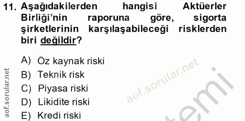11. soru: Aşağıdakilerden hangisi Aktüerler Birliği'nin raporuna göre, sigorta şirketlerinin karşılaşabileceği risklerden biri…